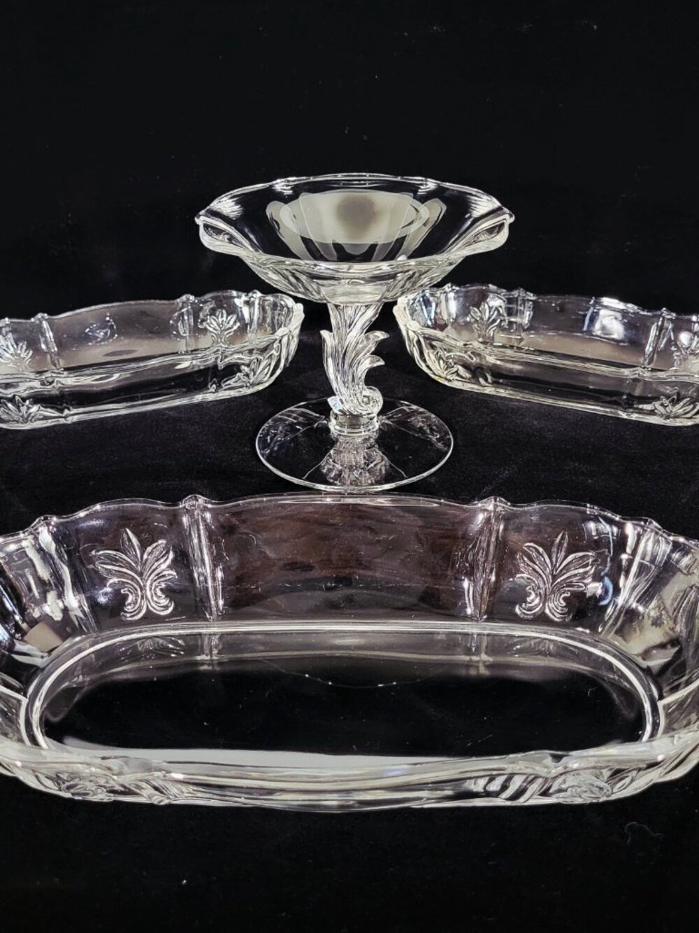 FOSTORIA~BAROQUE~4 PIECE~VINTAGE CLEAR GLASS RELISH CELERY DISH NUT DISH COMPOTE